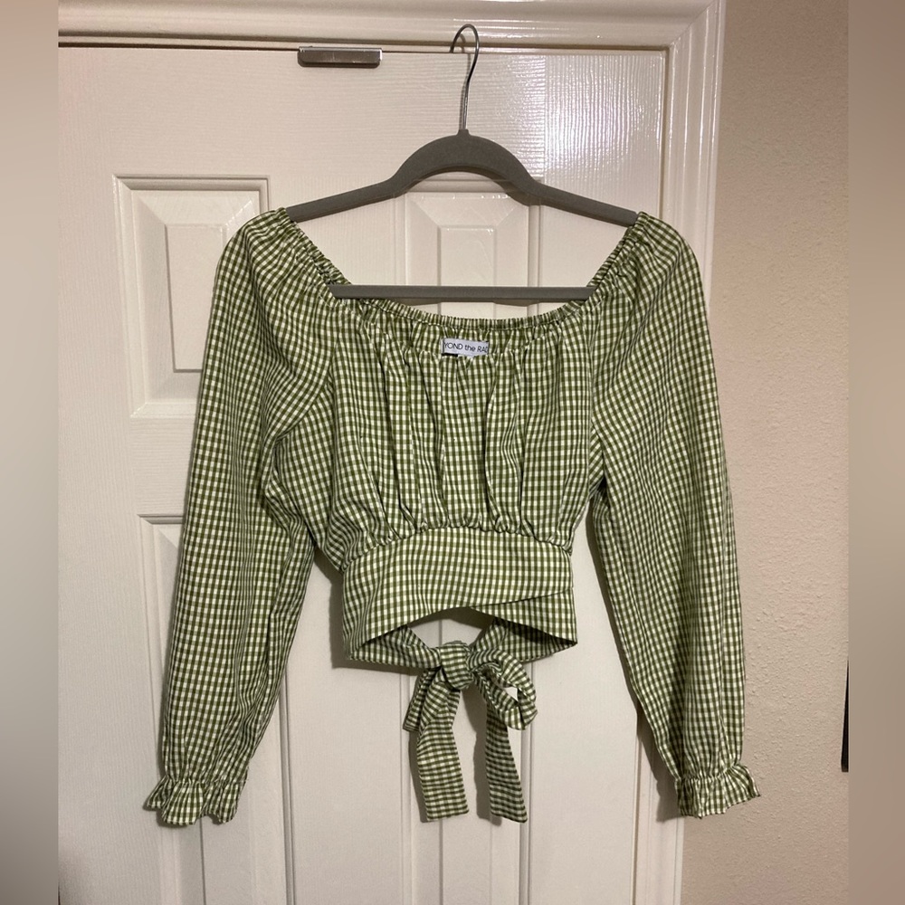Medium sage green plaid off the shoulder crop top with tie in the back